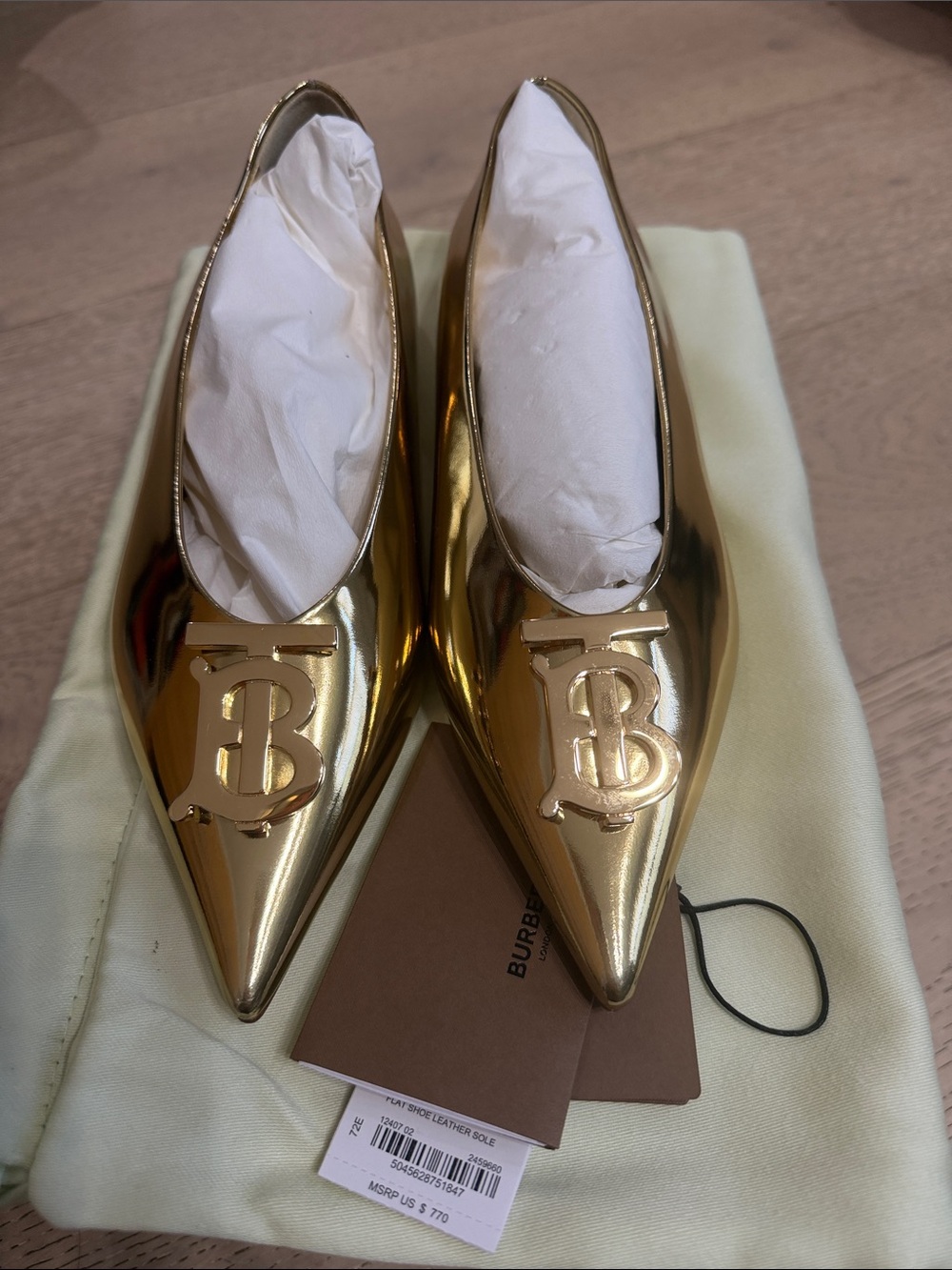 Burberry Gold Pointed Toe Flats with TB Logo Plaque